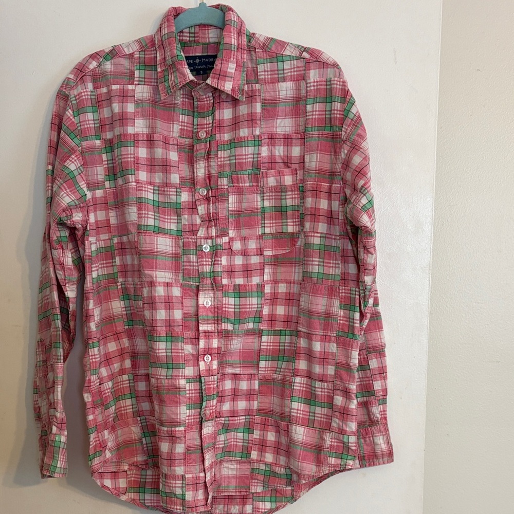 Men's Cape Madras Plaid Button-Down Shirt - Pink & Green. Size S.